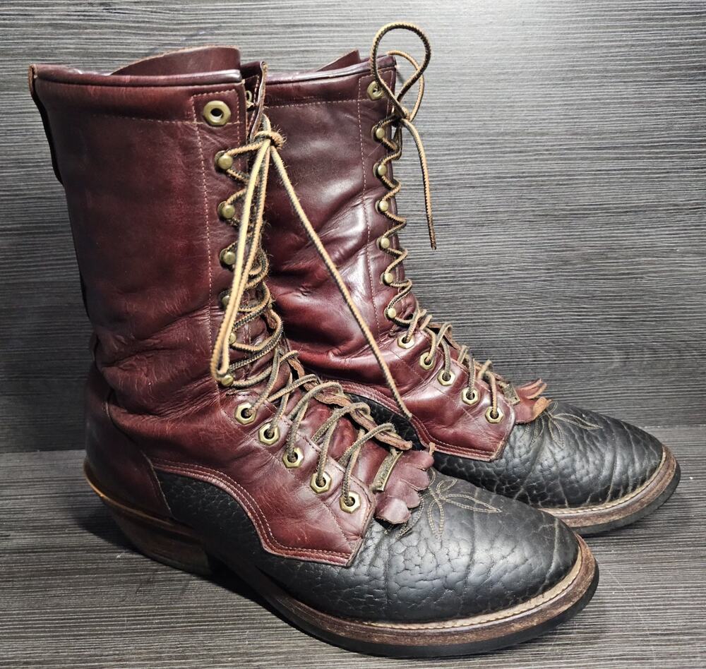 Vintage Tony Lama Kiltie Packer Boots Mens Sz 12.5 B Narrow Lace Up Brown Black